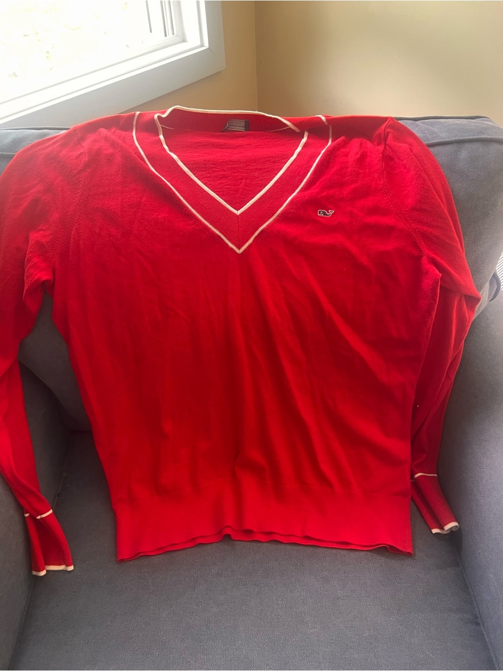 Vineyard Vines Red V-Neck Cotton Sweater White Trim -Large